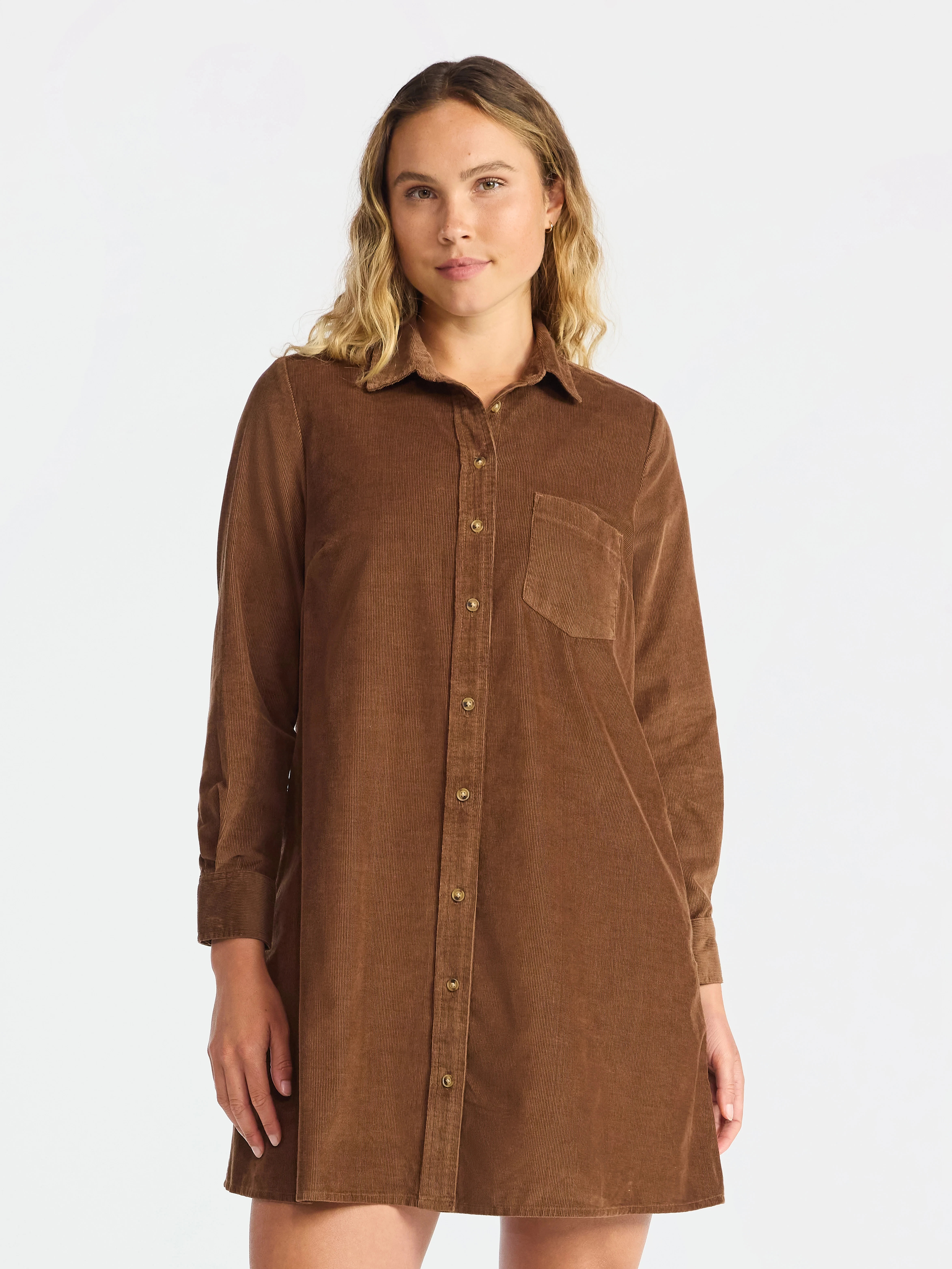 Time and Tru Women's Corduroy Shirtdress with Long Sleeves, Sizes XS – XXXL | Walmart (US)
