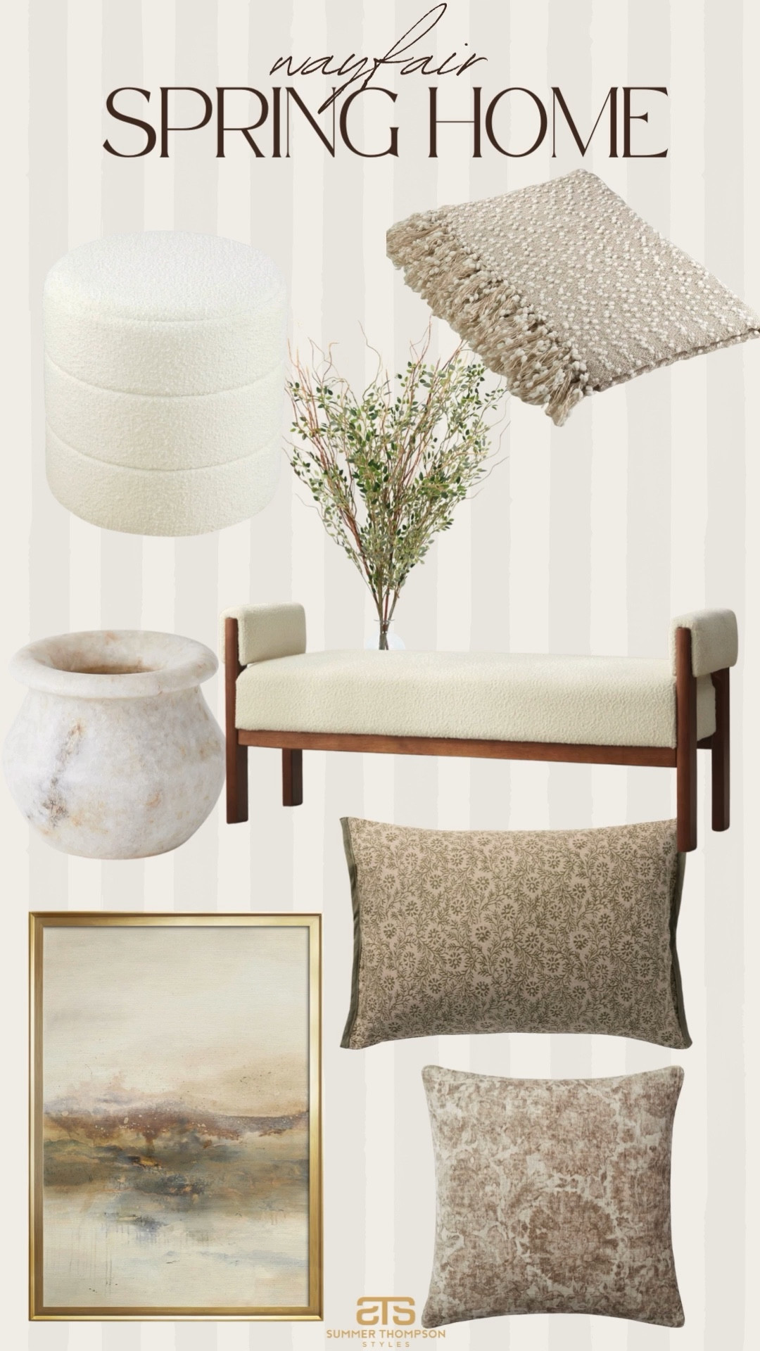Love the crispy and neutral tones for spring! 

Wayfair home decor bench throw pillows lumbar painting wall art vase throw blankets faux stems ottoman 

#LTKHome #LTKSeasonal
