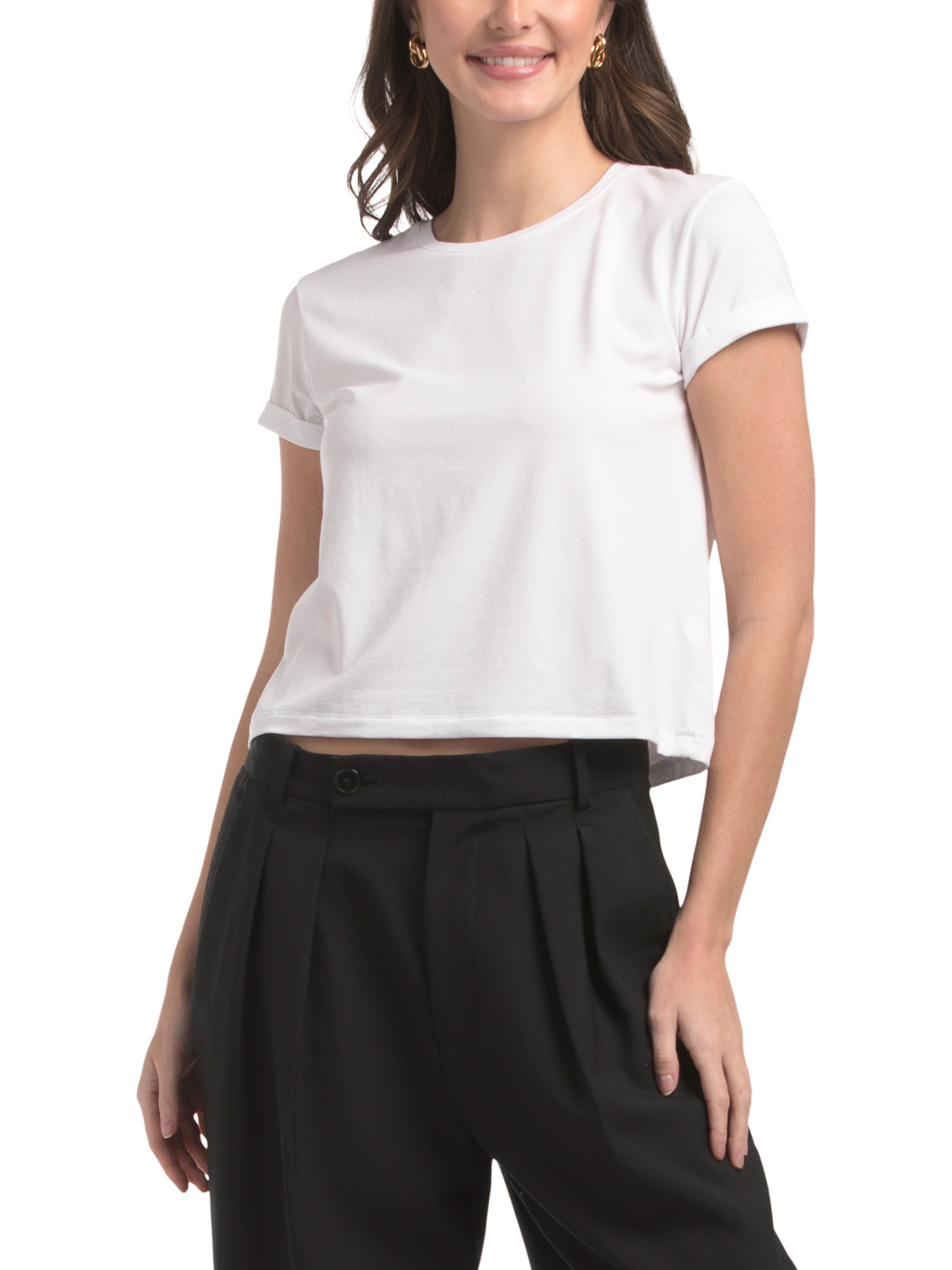 Pima Cotton Blend Roll Sleeve Crew Neck Baby Tee | TJ Maxx
