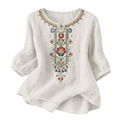Cotton Linen Shirts for Women 3/4 Sleeve Boho Embroidered Tops Plus Size Peasant Gauze Blouses Casual Bohemian Shirts 2026 Spring Summer Hemp Clothing Eyelet Tops Resort Wear for Women White | Amazon (US)