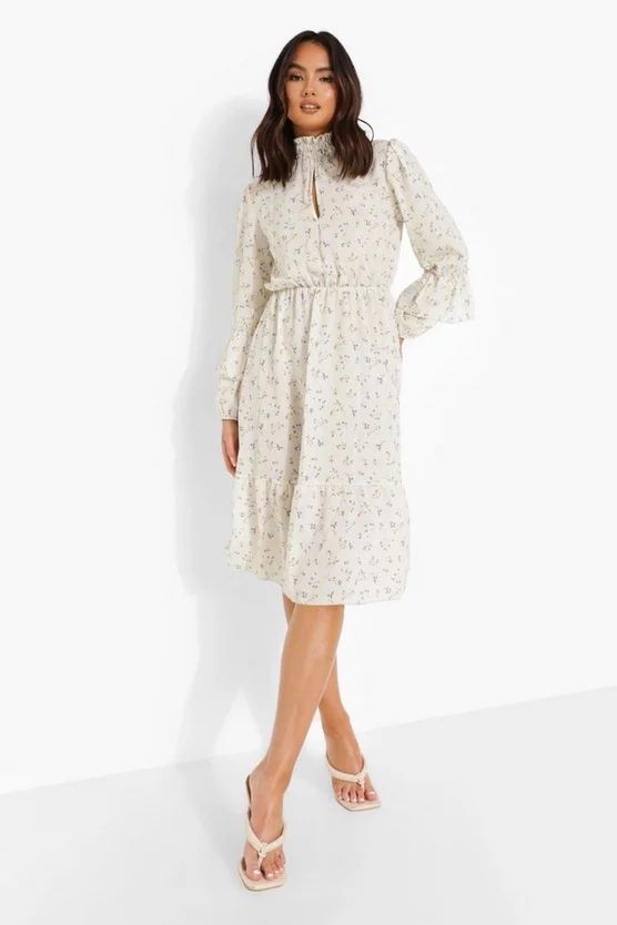 Floral Print Ruffle Neck Midi Dress | Boohoo.com (US & CA)