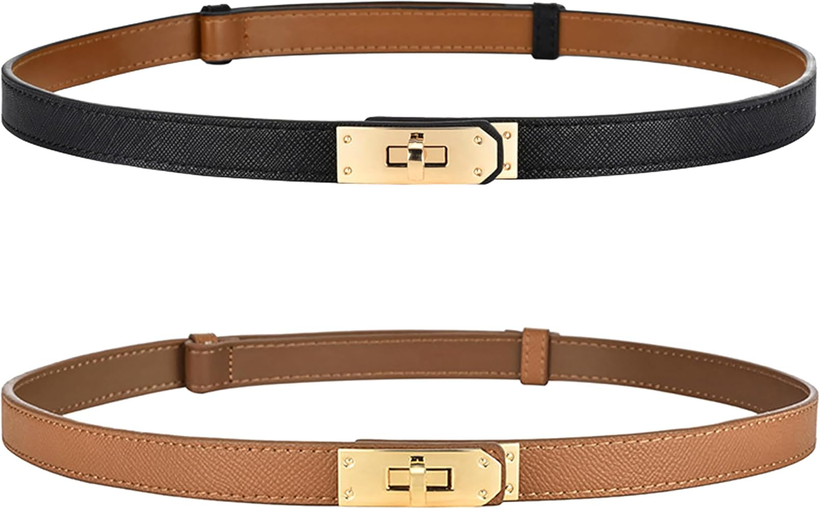 Adjustable Thin Belts for Women Leather Skinny Belt for Women Dresses Solid Color Alloy Turn Lock... | Amazon (US)