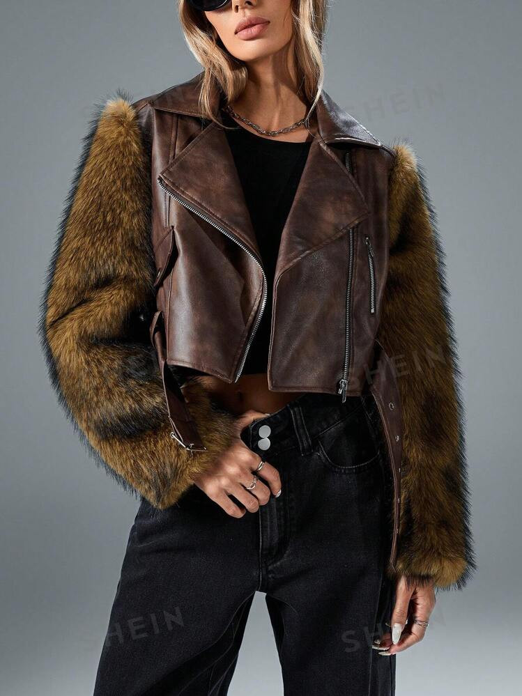 SHEIN X Lucía Bellido Aveloria Affinna Women's Cool PU Leather Sleeve & Fluffy Panel Cropped Mot... | SHEIN