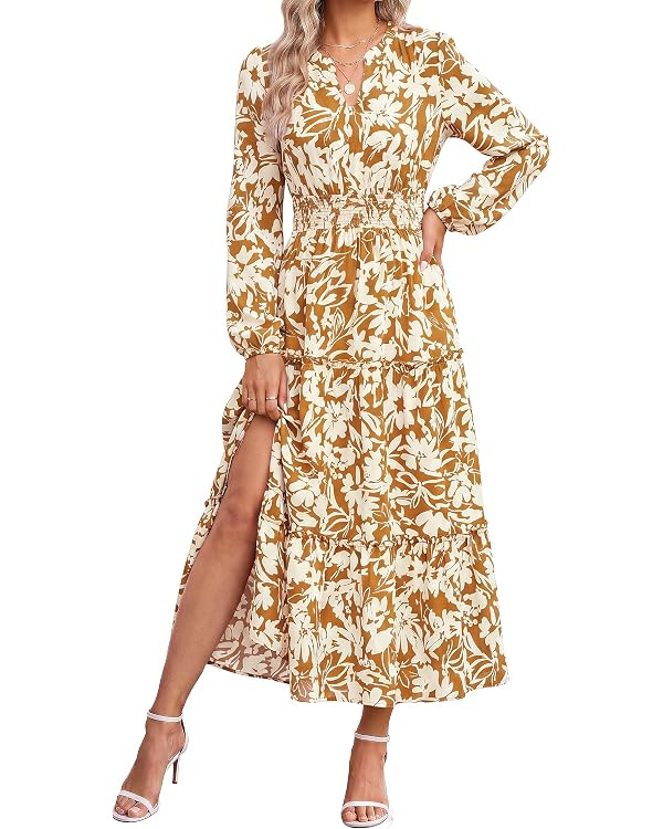 GRACE KARIN Women's Floral Maxi Dress 2026 Fall Long Sleeve V Neck Empire Waist A Line Flowy Dres... | Amazon (US)