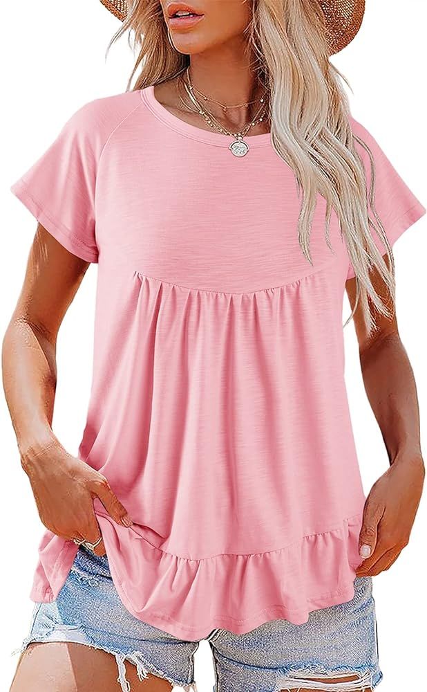 Amazon.com: Women's Crewneck Peplum Tunic Tops Ruffle Babydoll Tee Casual Short Sleeve Solid Blou... | Amazon (US)