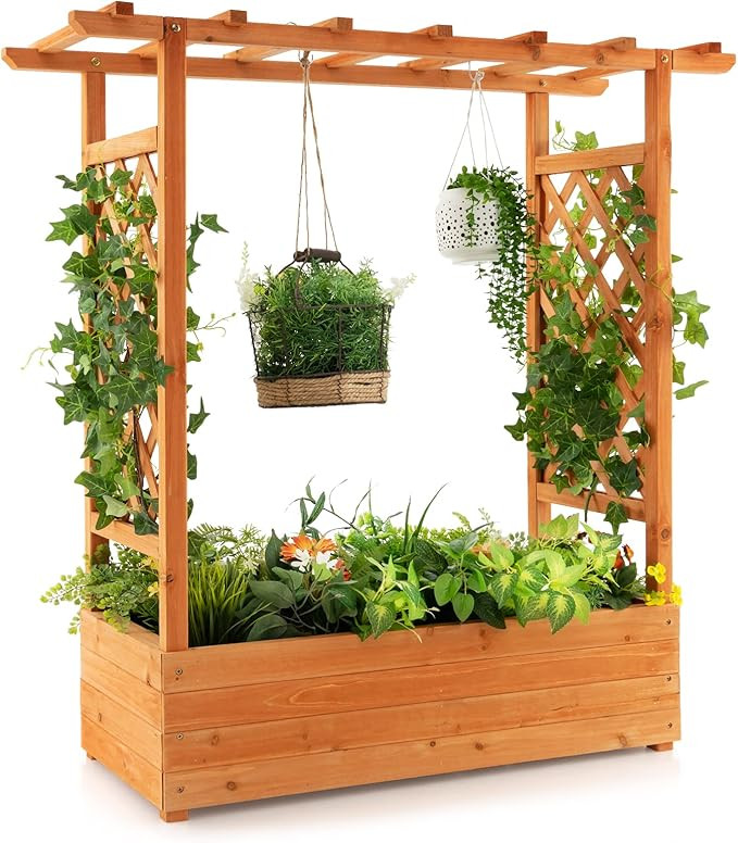 S AFSTAR Raised Garden Bed with Arch Trellis, Wood Planter Box with Hanging Roof, Side Trellis, 4... | Amazon (US)