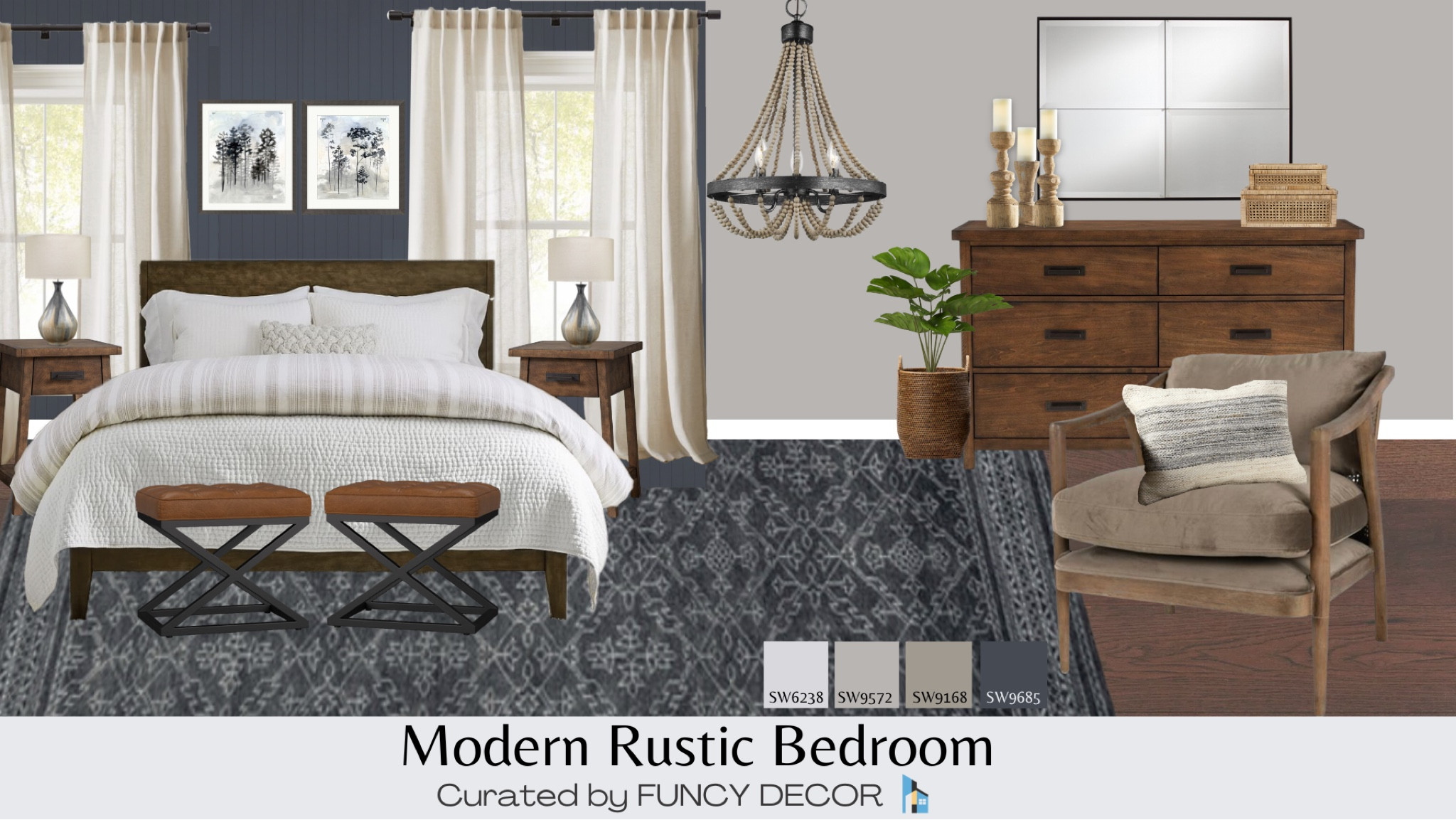 This Modern Rustic Bedroom is rich is wood tones and accent colors.  Pieces are curated from Pottery Barn, Kathy Kuo Home, McGee & Co, and Amazon.

#LTKFind #LTKstyletip #LTKhome