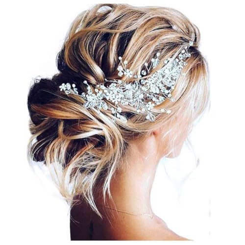 Unicra Bride Flower Wedding Hair Vine Crystal Bridal Hair Piece Rhinestone Party Hair Accessories Leaf Jewelry Bead Headpiece for Women and Girls (Silver) | Amazon (US)