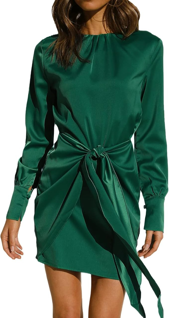 R.Vivimos Women's Satin Dress Long Sleeve Casual Wrap Ruched Tie Waist Party Mini Dress | Amazon (US)