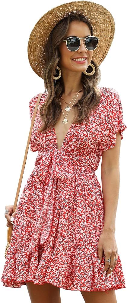 Floerns Women's Ditsy Floral Plunge Neck Knot Front A Line Short Dress | Amazon (US)