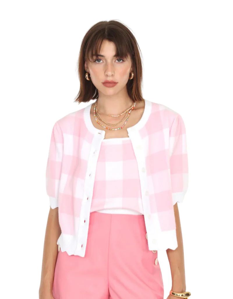 Greylin Bellamy Gingham Scalloped Knit Cardigan in Bubble Pink | Ambiance