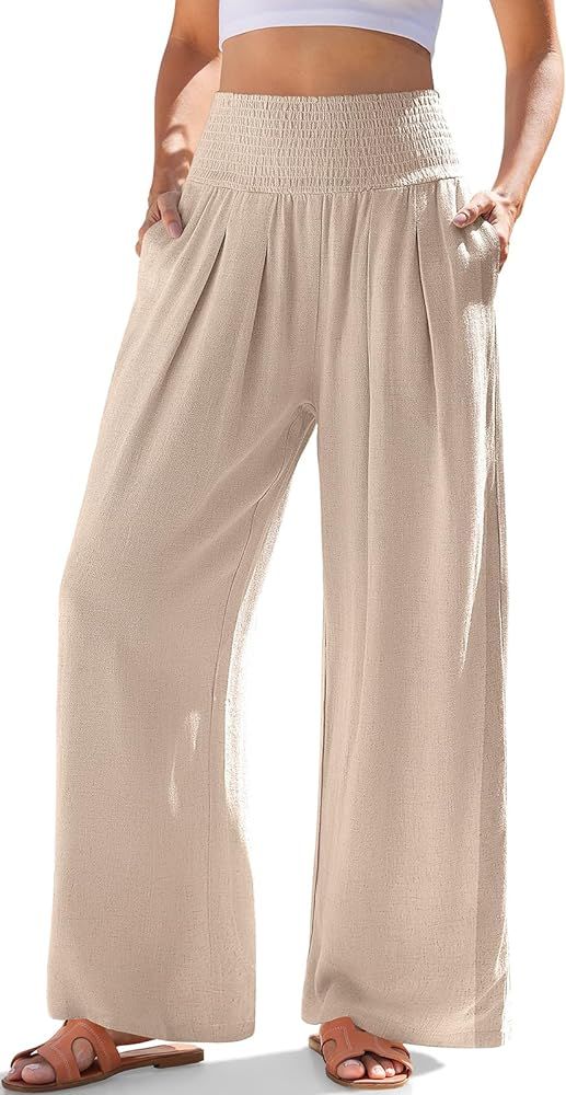 TARSE Womens Linen Palazzo Pants Boho High Waisted Wide Leg Casual Lounge Pant Trousers with Pock... | Amazon (US)