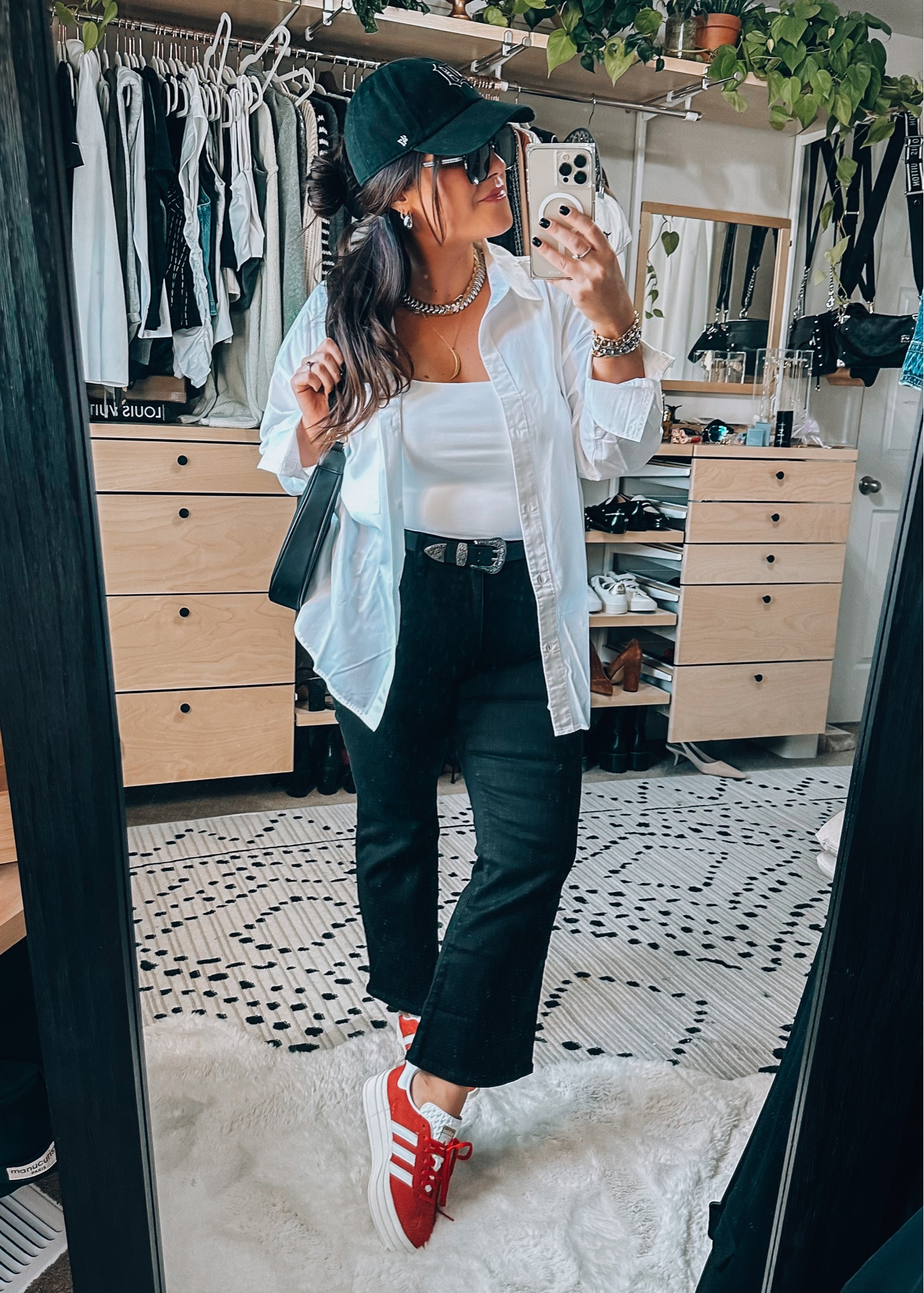 Midsize Fall outfit idea. 
Cropped kick flare jeans tts 32 
Tank large 
White button down large 
Red adidas Sambas / gazelle sneakers tts 

#LTKSeasonal #LTKstyletip #LTKmidsize