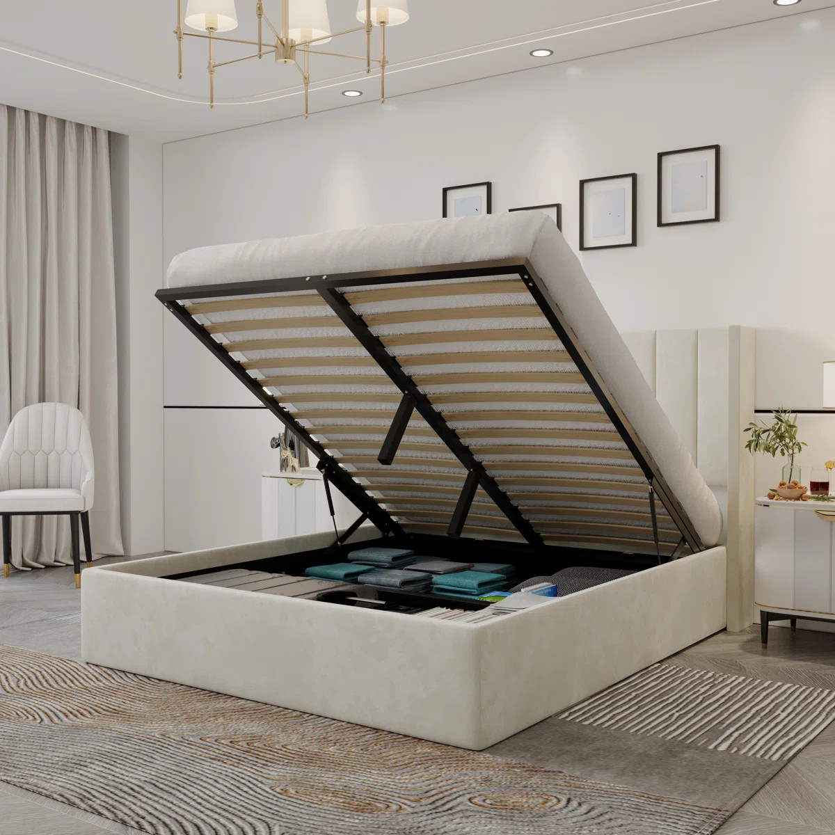 Krissandra Upholstered High Headboard Storage Bed w/Hydraulic Gas Lift, Wood Slat System & Under ... | Wayfair North America