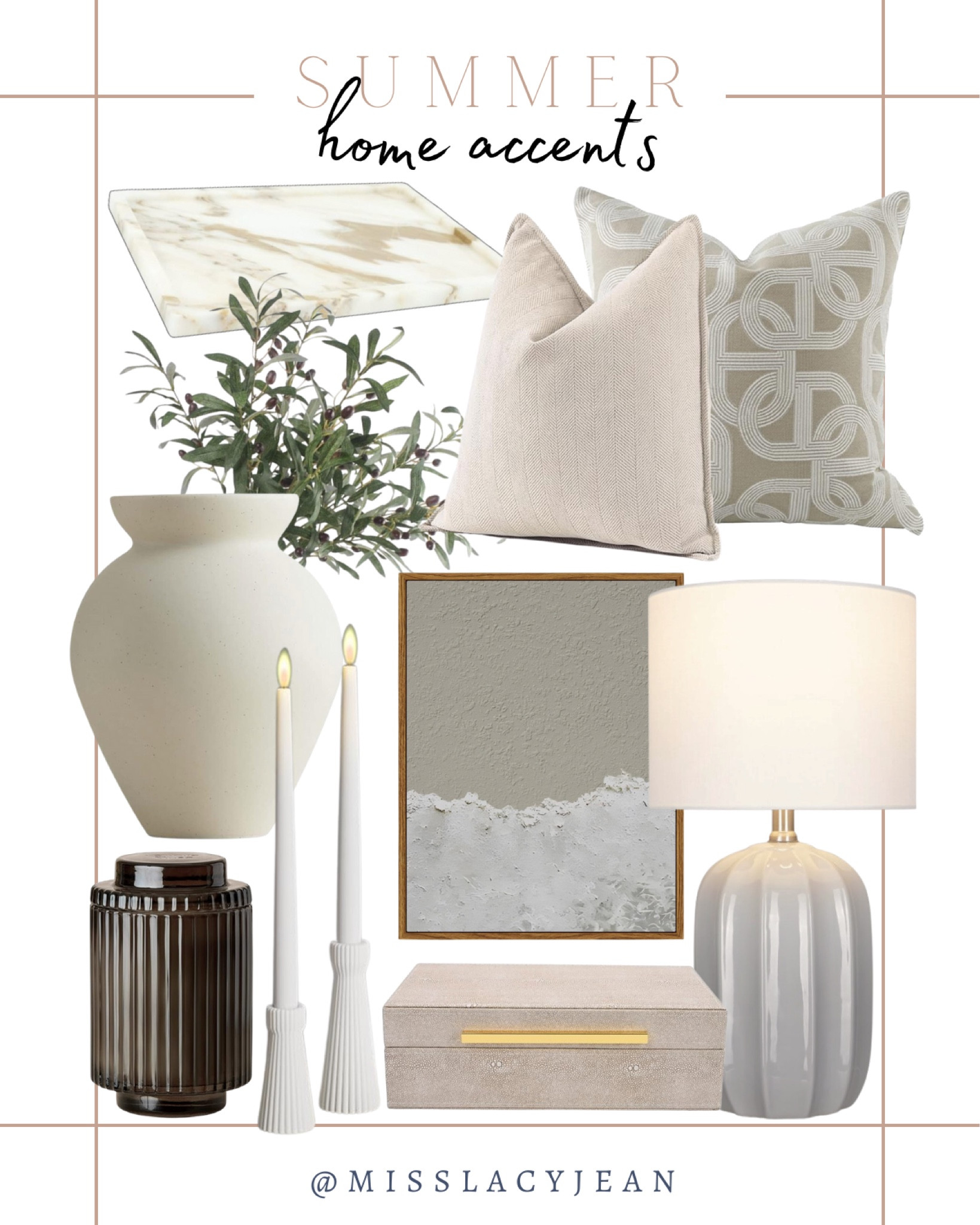 Summer home accents include wall art, decorative box, table lamp, candle stick holders, candle, vase, greenery stems, throw pillows, and marble tray.

Neutral home accents, Amazon finds, home accents, home decor

#LTKHome #LTKFindsUnder100 #LTKStyleTip