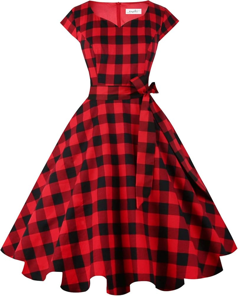 Kingfancy Women Vintage 1950s Dress Retro Cocktail Party Swing Dresses with Cap Sleeves | Amazon (US)