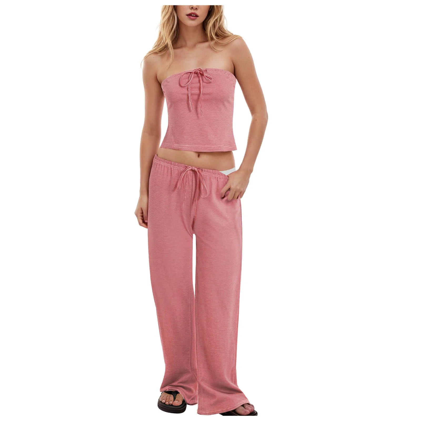 vigerkar Womens Y2k 2 Piece Outfit Strapless Crop Tube Top and Wide Leg Pant Matching Sets Lounge... | Walmart (US)