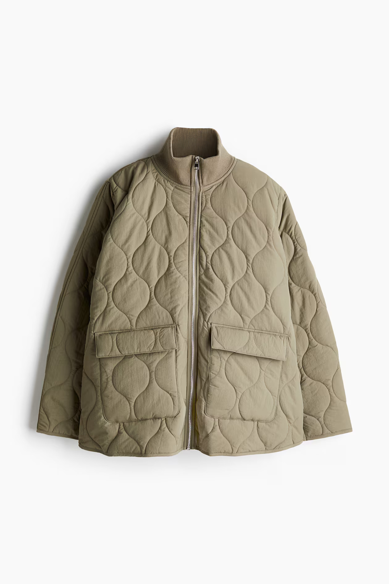 Oversized quilted jacket - Long sleeve - Regular length - Khaki green - Ladies | H&M US | H&M (US + CA)