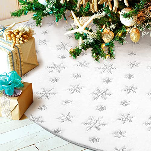 Hommtina Christmas Tree Skirt 48 Inches White Tree Skirt,Christmas Tree Decorations Faux Fur Tree Skirt for Xmas Holiday Home Party Decorations Ornaments(Snowflake) | Amazon (US)