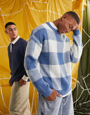 ASOS DESIGN fluffy knit plaid sweater in blue | ASOS (Global)