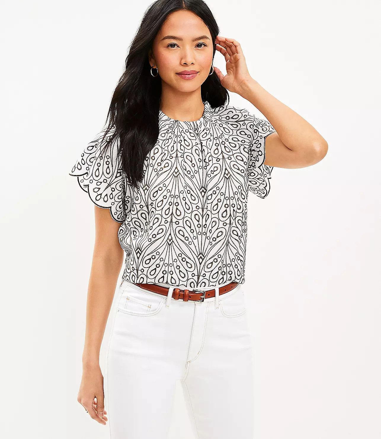 Embroidered Scalloped Flutter Blouse | LOFT