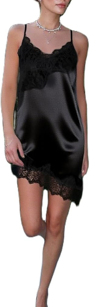 Women Satin Lace Dress Asymmetrical Lace Trim Silk Pajama Dress Y2k Spaghetti Strap V Neck Backle... | Amazon (US)