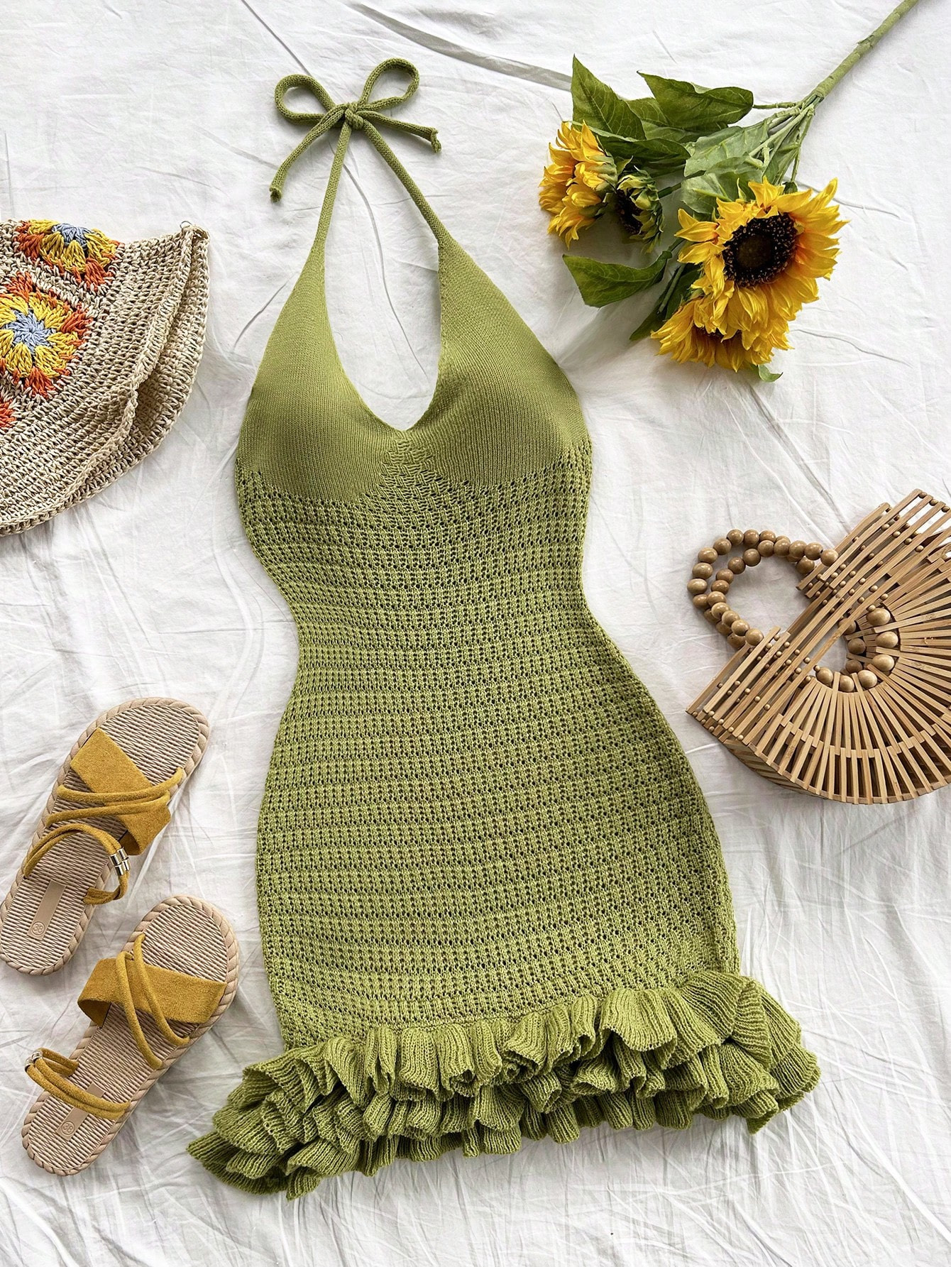 SHEIN WYWH Solid Color Halter Tie Back Vacation Ruffle Trim Backless Knit Dress | SHEIN