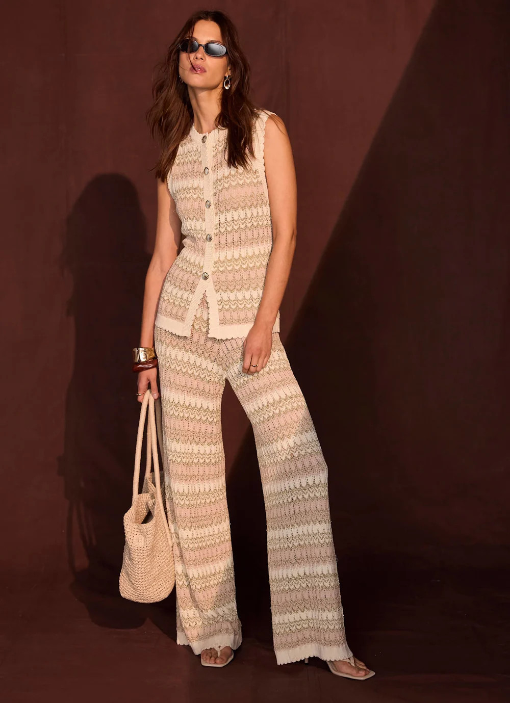 Neutral Striped Crochet Trousers | Mint Velvet
