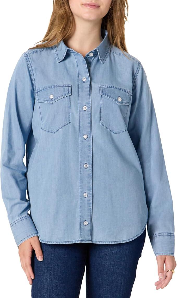 Amazon Essentials Women's Relaxed-Fit Denim Chambray Button-Down Long-Sleeve Shirt | Amazon (US)