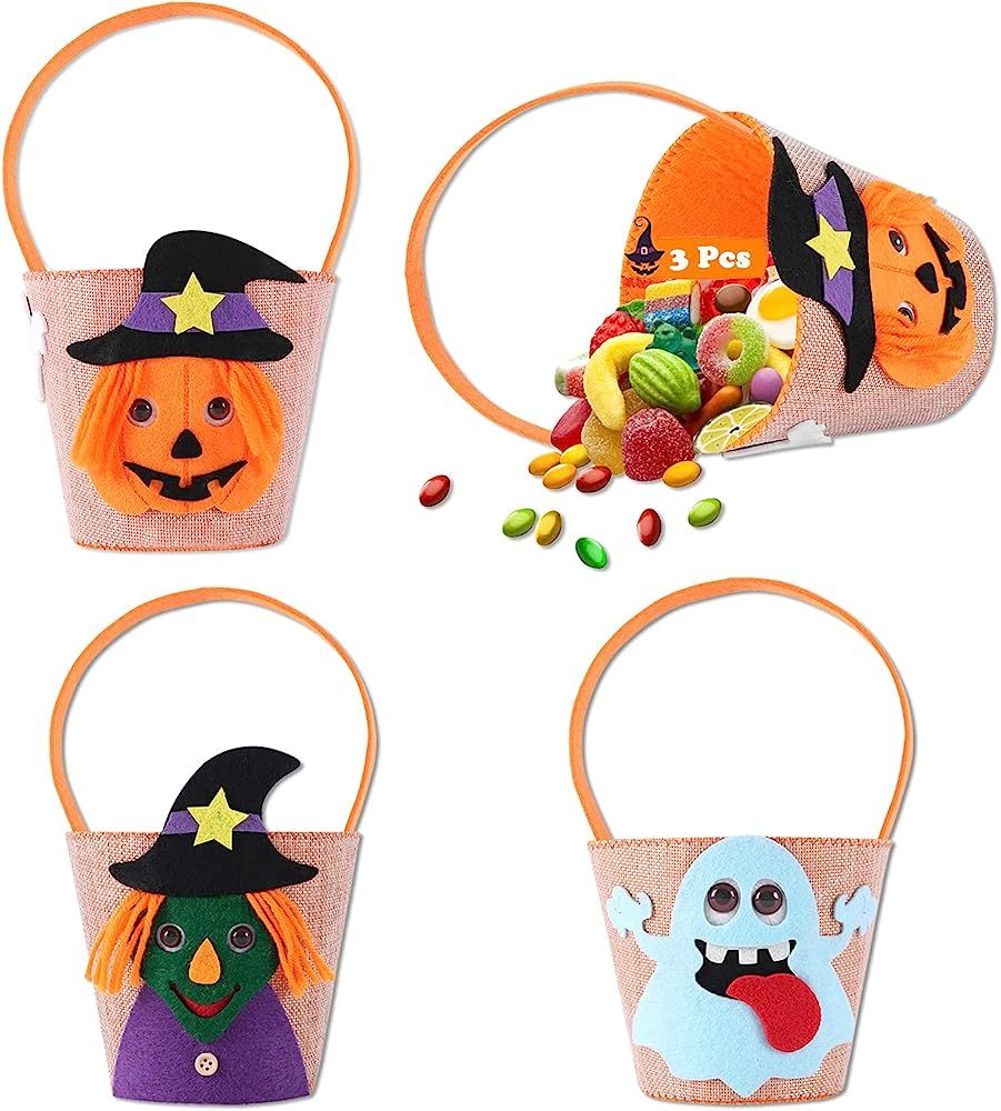 3 Pcs Halloween Candy Bags for Trick or Treat, Cute Bats Witch Pumpkin Goody Basket Kids Hallowee... | Amazon (US)