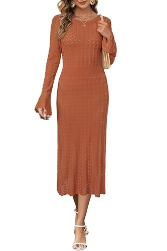 Newshows Fall Dreses for Women 2025 Fall Outfits Modest Church Dress Long Bell Sleeve Midi Hollow Knit Business Casual Work Halloween Winter Fashion(Rust Orange,L) | Amazon (US)