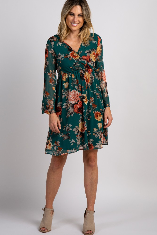 PinkBlush Forest Green Floral Chiffon Wrap Dress | PinkBlush Maternity