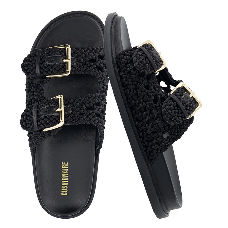 CUSHIONAIRE Weaver Summer Sandals for Women - Shiny Raffia Woven Slip On Womens Slides with Adjus... | Amazon (US)