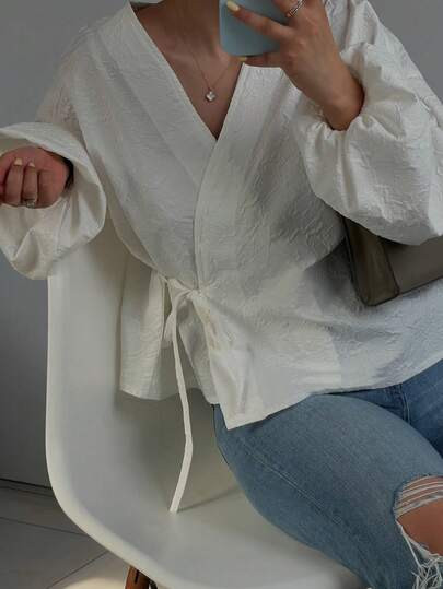 Blusa feminina casual de manga comprida com amarração frontal, branca, para primavera/verão. |... | SHEIN