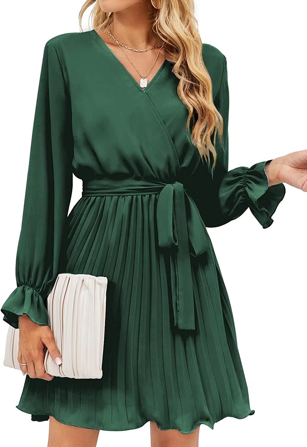Blackish Green Dress for Women Lantern Sleeve Wrap V Neck Dress Pleated Cocktail Dresses with Bel... | Amazon (US)