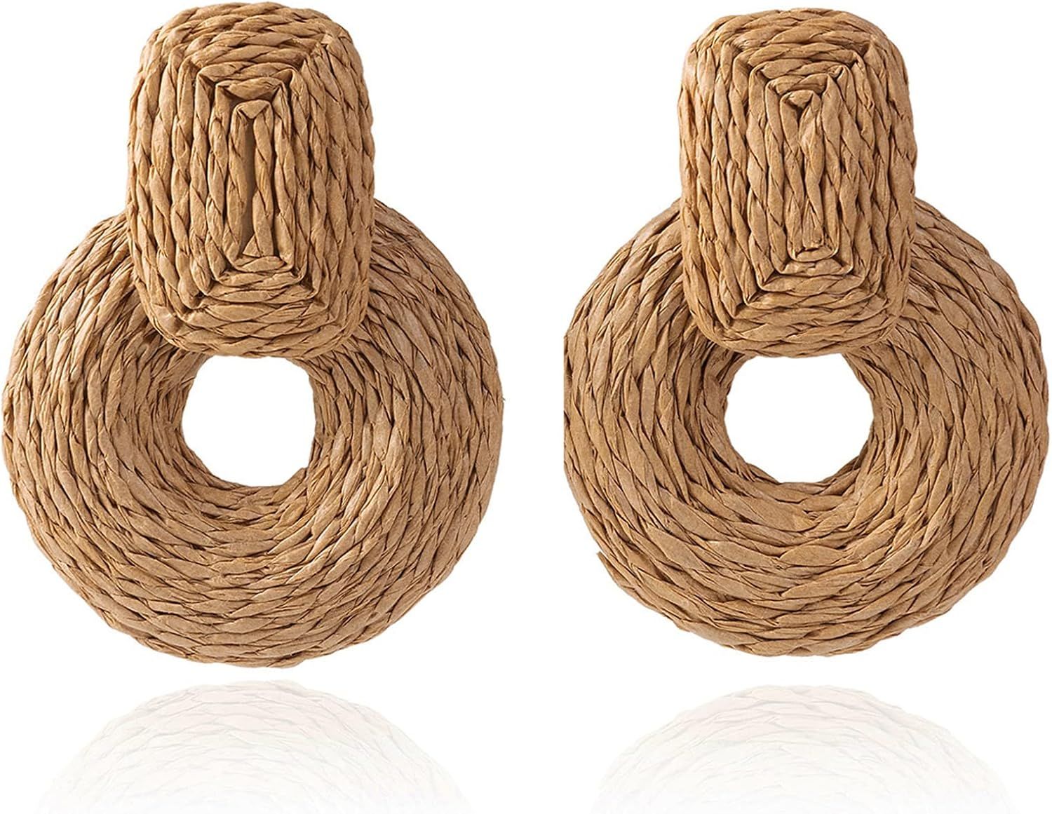 VANGETIMI Boho Raffia Round Dangling Earrings Handmade Woven Rattan Geometric Dangle Earrings Sum... | Amazon (US)