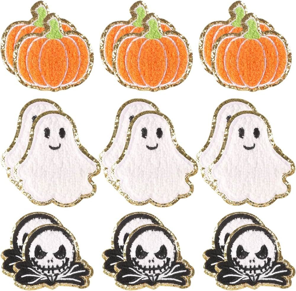 Halloween Pumpkin Ghost Skull Iron on Patches Glitter Gold Rim Chenille Embroidery Sew on Stickers A | Amazon (US)