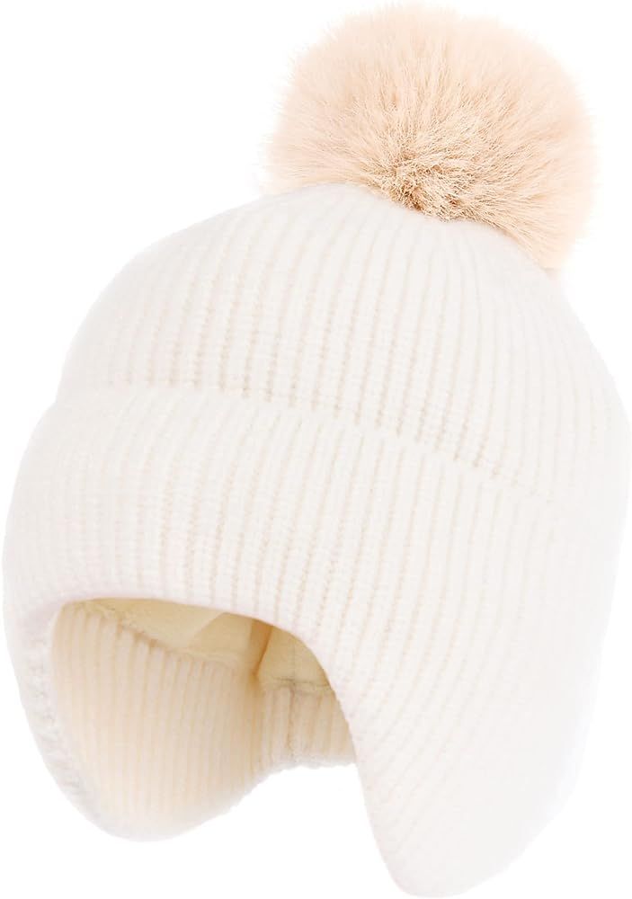 Toddler Baby Winter Hat Warm Fleece Lined Knit Kids Hat with Earflap Infant Newborn Pom Pom Beani... | Amazon (US)