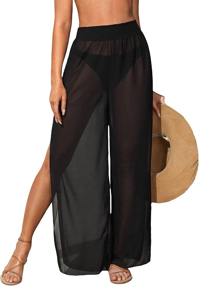 Cozyease Women's Casual Sheer Split Thigh Swimsuit Cover Ups Comfy High Waist Beach Pants | Amazon (US)
