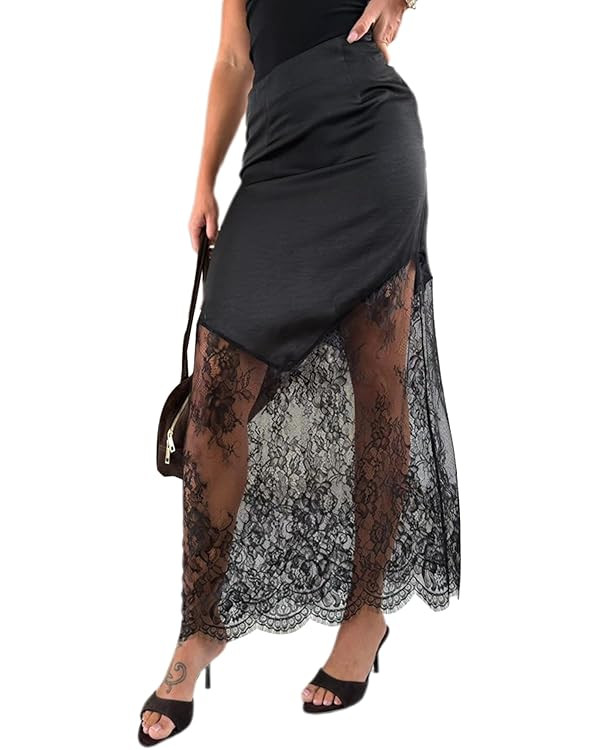 Women Lace Patchwork Skirts High Waist A Line Y2K Elegant Maxi Long Skirts Party Boho Skirt | Amazon (US)
