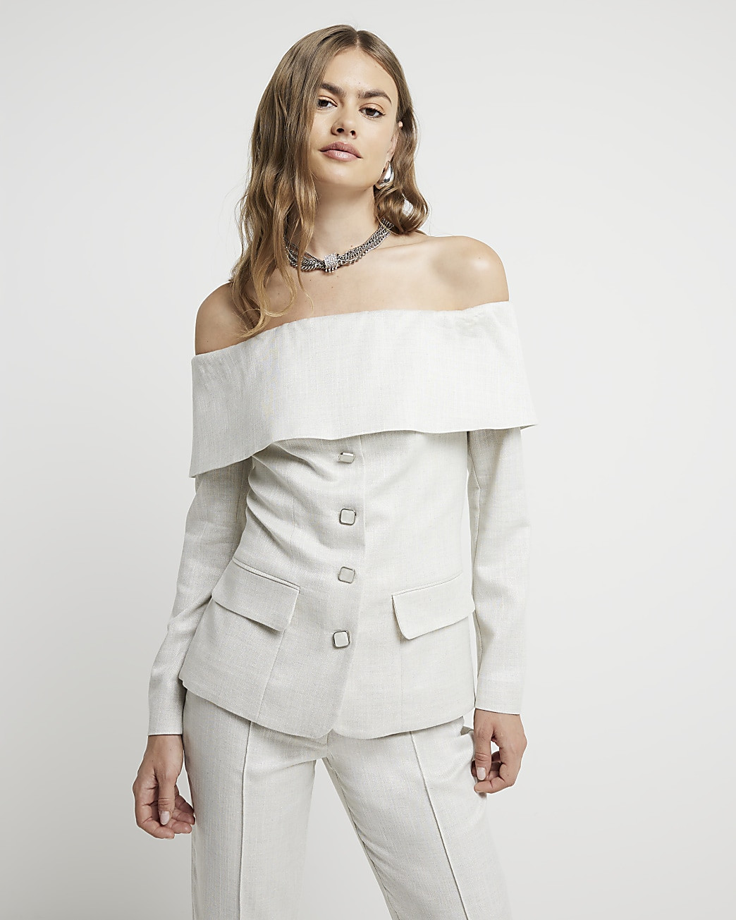 Cream Bardot Blazer top | River Island (UK & IE)