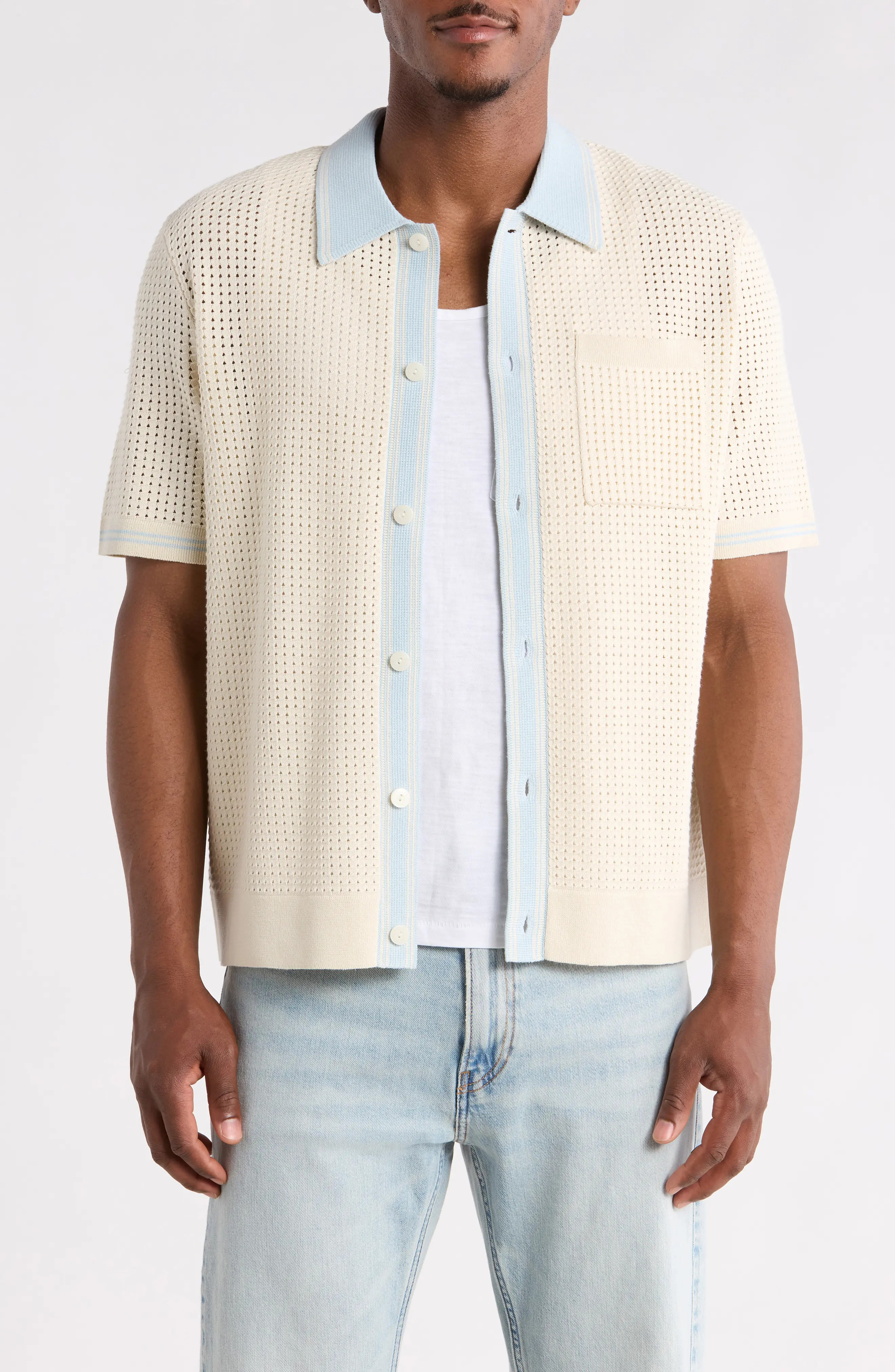 Belle Tipped Pointelle Stitch Short Sleeve Button-Up Shirt (Men) | Nordstrom | Nordstrom