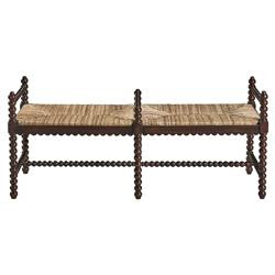 Meilani Coastal Brown Woven Seat Black Mahogany Wood Frame Long Entryway Bench | Kathy Kuo Home