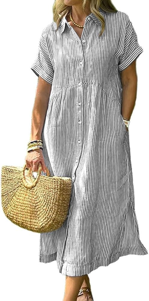 chouyatou Women's Summer Striped Midi Long Shirt Dress Casual Loose Short Sleeve Button Down Dres... | Amazon (US)