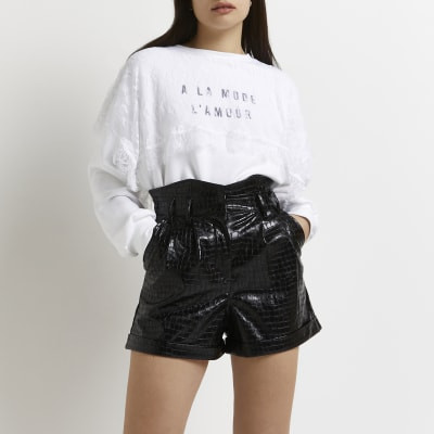 Black faux leather croc embossed shorts | River Island (UK & IE)