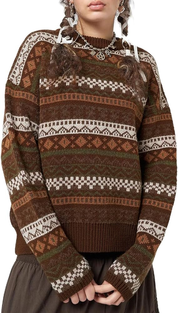 Women Y2K Argyle Striped Pullover Sweater Casual Long Sleeve Round Neck Vintage Preppy Style Pull... | Amazon (US)