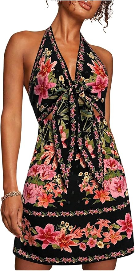 RoseSeek Women's Tropical Floral Backless Halter Dresses Cut Out Knot Front Sleeveless Vacation S... | Amazon (US)