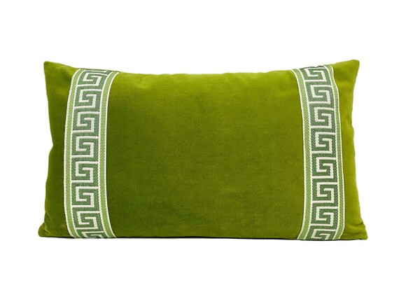 Lime Green Velvet Lumbar Pillow Cover with Green Greek Key | Etsy | Etsy (US)