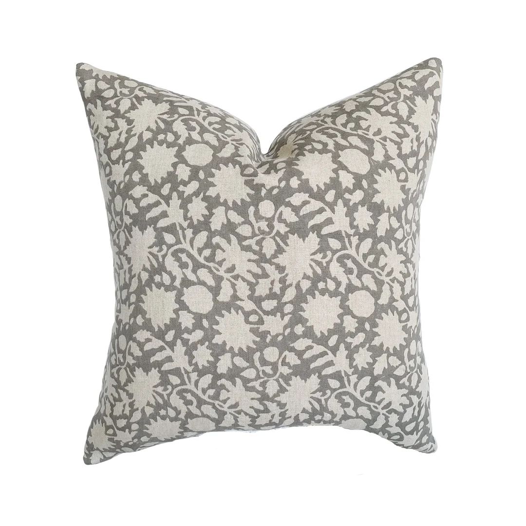 Wren  Soft Gray Floral Handblock Linen Pillow Cover  Natural - Etsy | Etsy (US)