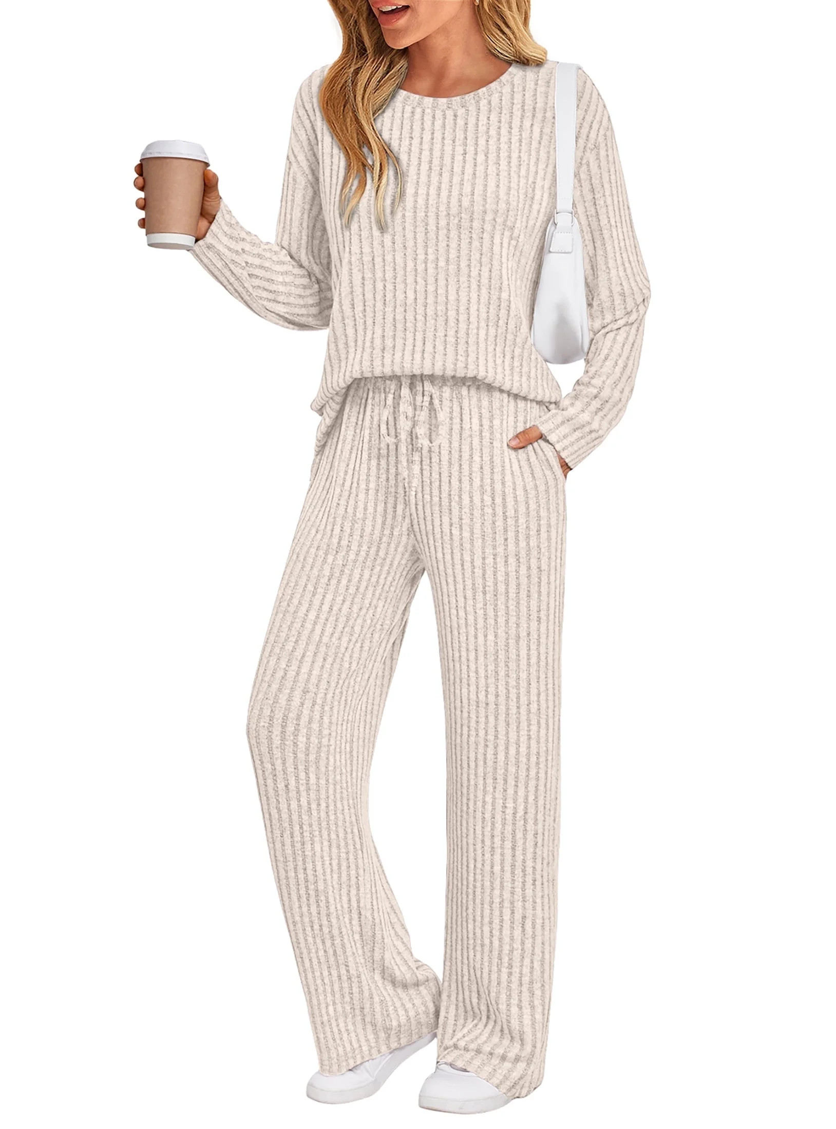 SUNBS Two Piece Lounge Sets for Women Pajamas Set Wide Leg Pants Ribbed Knit Winter Matching 2 Pi... | Walmart (US)